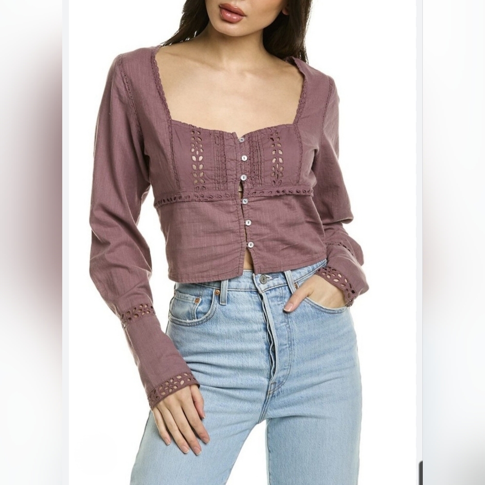 Free People Joi Bohemian Cotton Cropped Eyelet Blouse In Roan Rouge Size M NEW